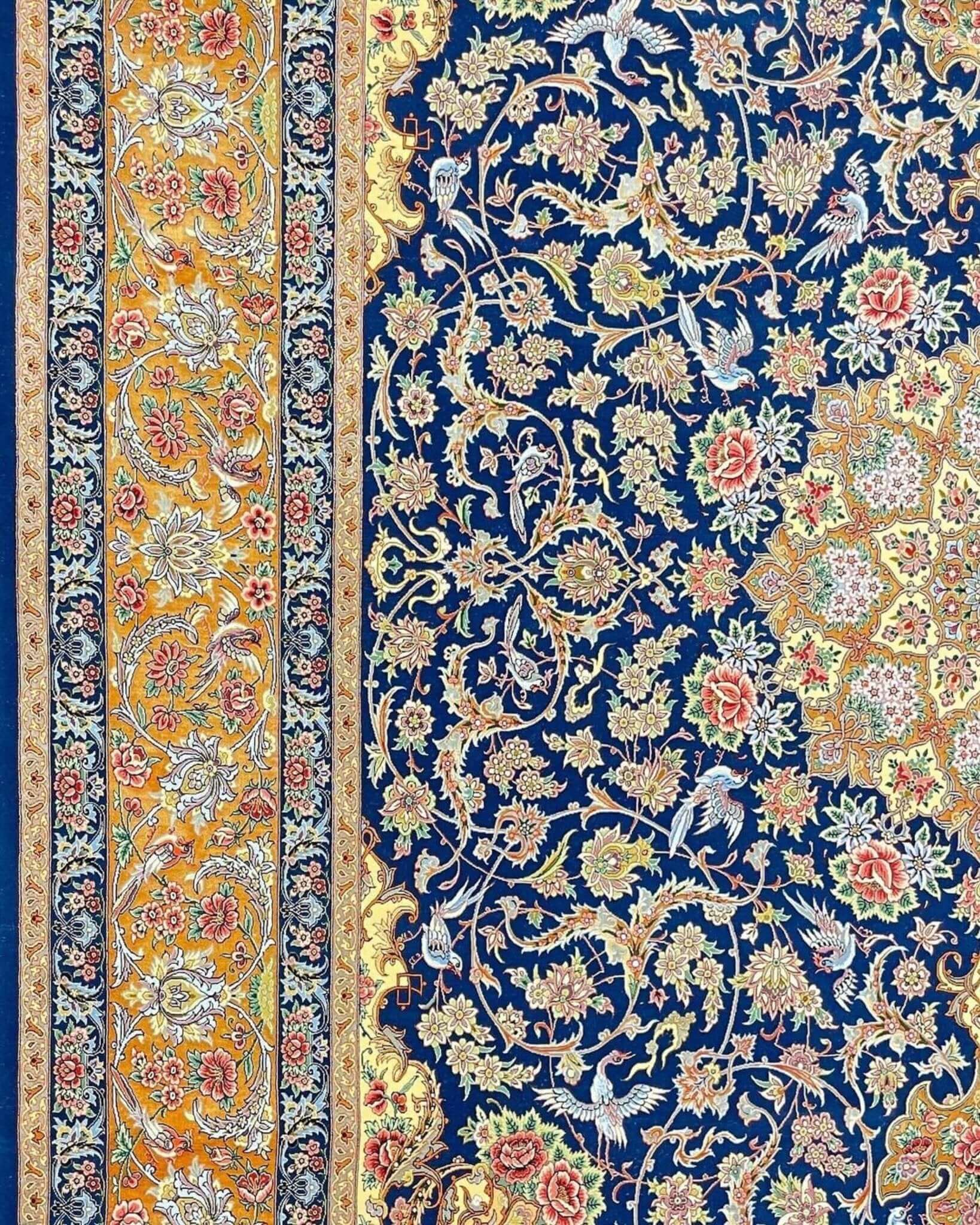 "Exclusive blue Persian rug for sale, 350 cm x 250 cm, featuring a stunning silk and wool blend."